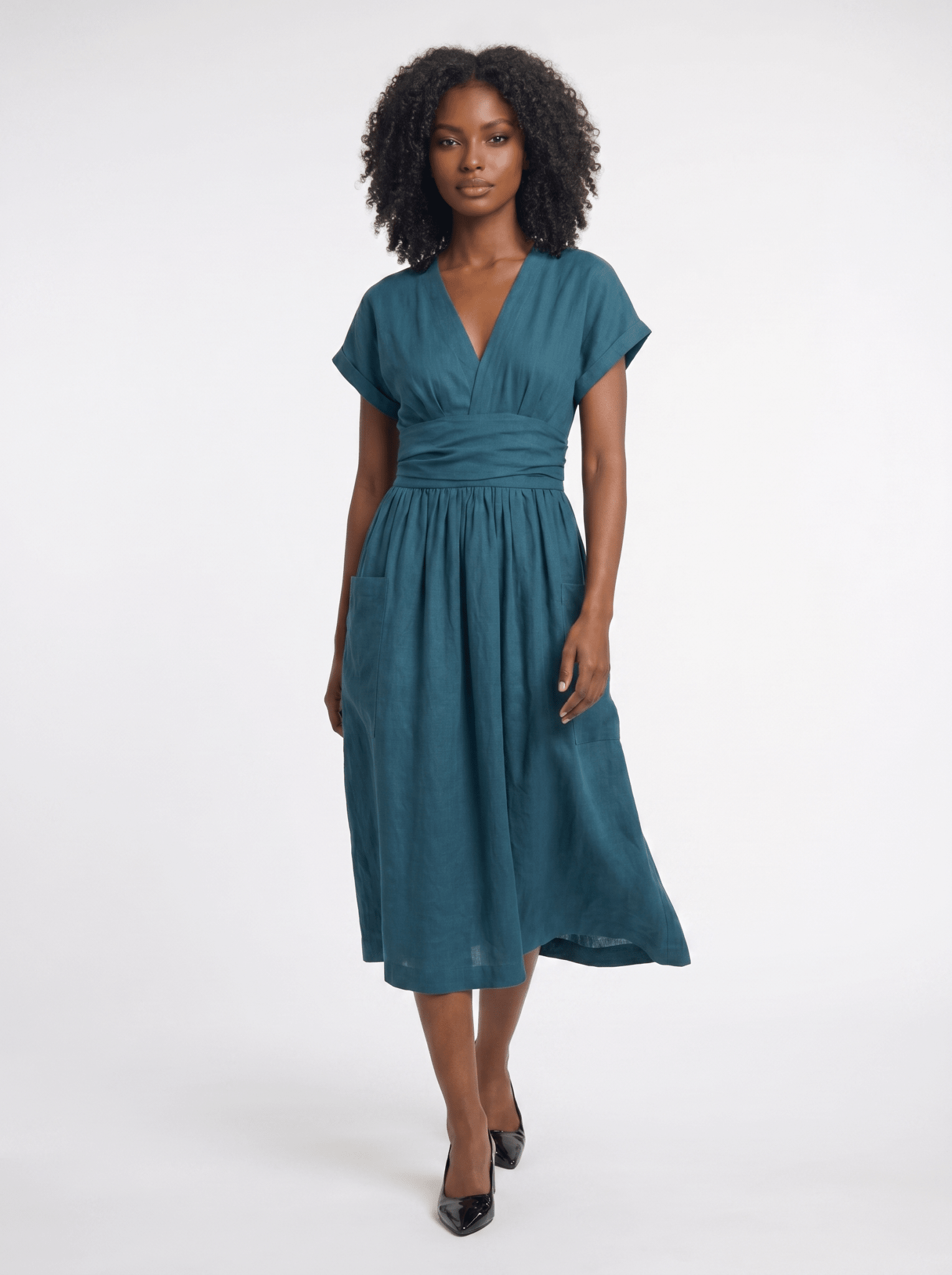 Midi Dress Women V-Neck Short Sleeve Pleated Waist Pockets - Evergreen Outfits- Women Midi Dress