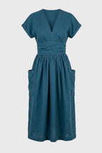 Midi Dress Women V-Neck Short Sleeve Pleated Waist Pockets - Evergreen Outfits- Women Midi Dress