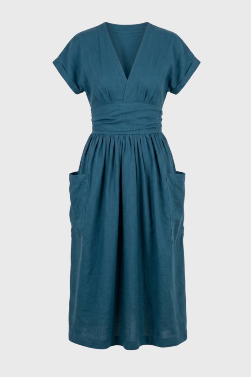 Midi Dress Women V-Neck Short Sleeve Pleated Waist Pockets - Evergreen Outfits- Women Midi Dress
