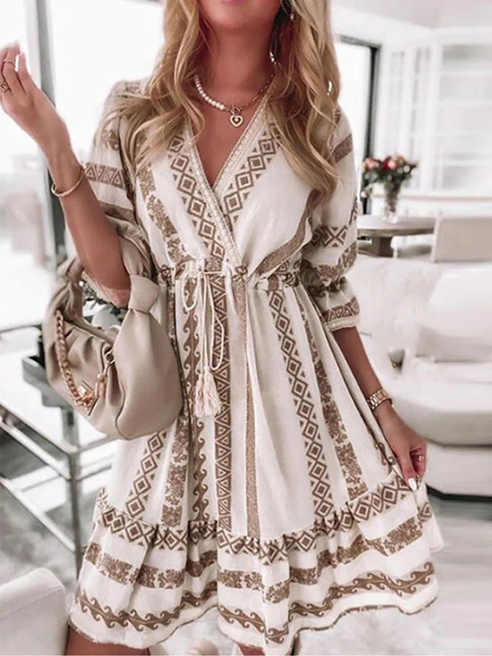 Midi Dress Women V-Neck Three Quarter Sleeve Design - Evergreen Outfits- Women Midi Dress