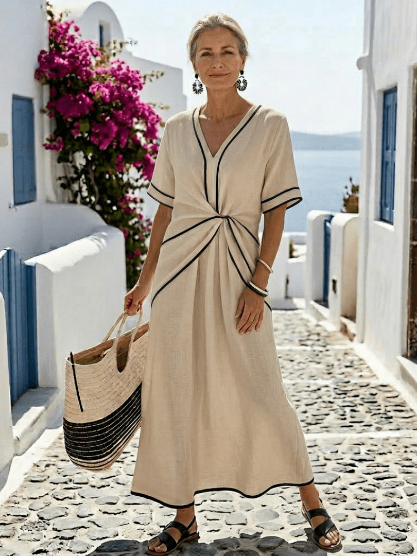 Midi Dress Women V-Neck Wrap Short Sleeve Knot Detail - Evergreen Outfits- Women Midi Dress