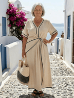Midi Dress Women V-Neck Wrap Short Sleeve Knot Detail - Evergreen Outfits- Women Midi Dress
