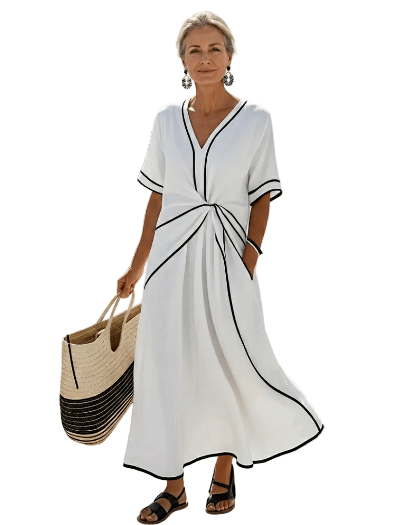 Midi Dress Women V-Neck Wrap Short Sleeve Knot Detail - Evergreen Outfits- Women Midi Dress