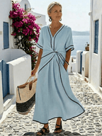 Midi Dress Women V-Neck Wrap Short Sleeve Knot Detail - Evergreen Outfits- Women Midi Dress