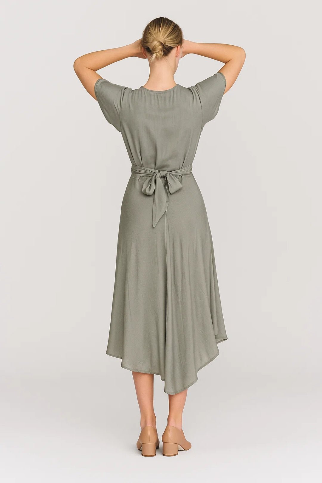Midi Dress Women Wrap Front Short Sleeve Asymmetrical - Evergreen Outfits- Women Midi Dress