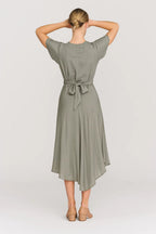 Midi Dress Women Wrap Front Short Sleeve Asymmetrical - Evergreen Outfits- Women Midi Dress