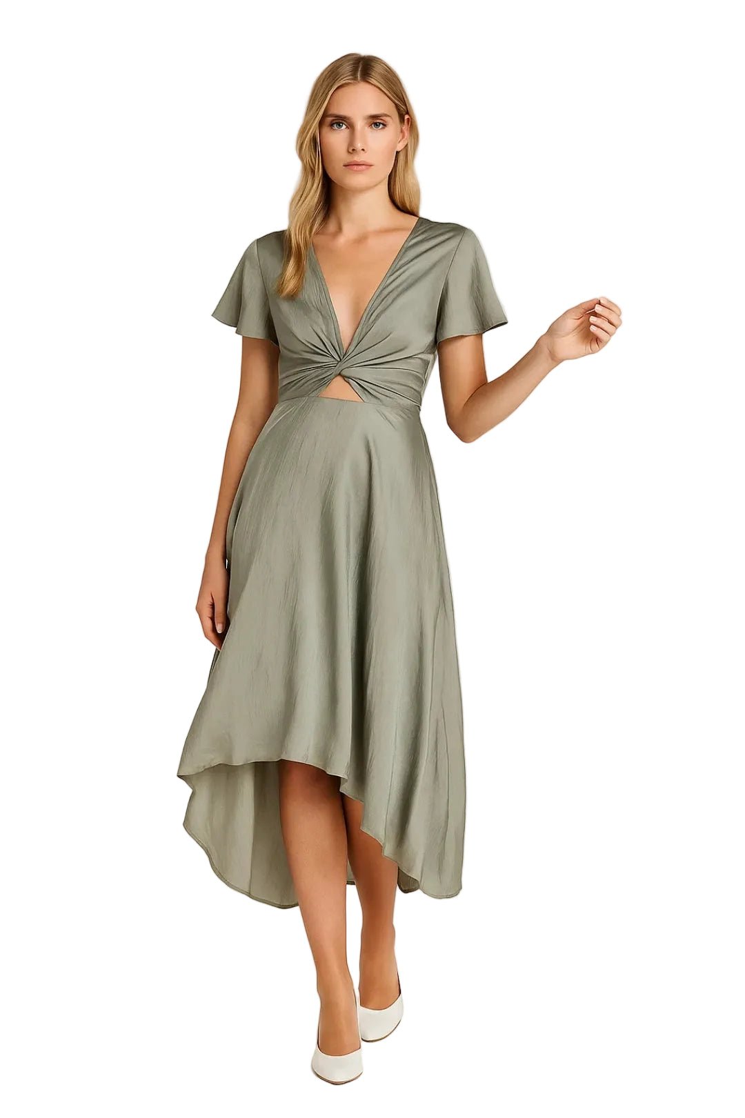 Midi Dress Women Wrap Front Short Sleeve Asymmetrical - Evergreen Outfits- Women Midi Dress