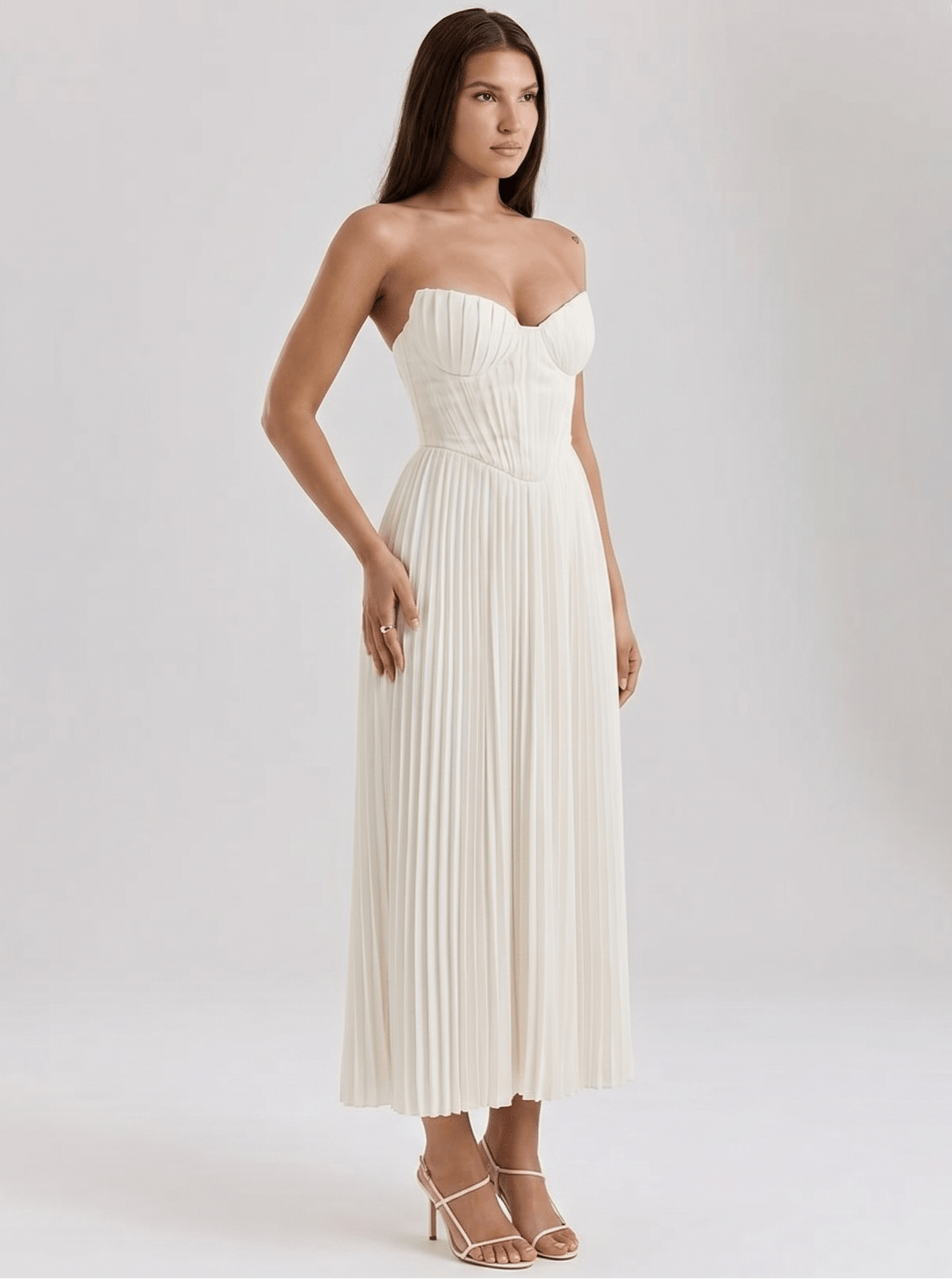 Midi Gown Women Corset Fit Spaghetti Strap Ruched Bust - Evergreen Outfits - Women Midi Dress
