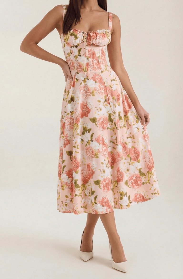 Midi Sundress Women A - Line Fit Sweetheart Neck Lace - Up - Evergreen Outfits - Women Midi Dress