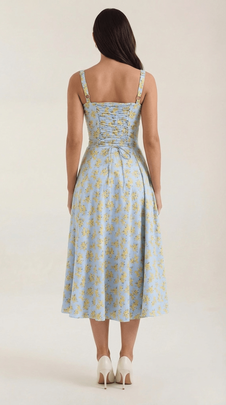 Midi Sundress Women A - Line Fit Sweetheart Neck Lace - Up - Evergreen Outfits - Women Midi Dress