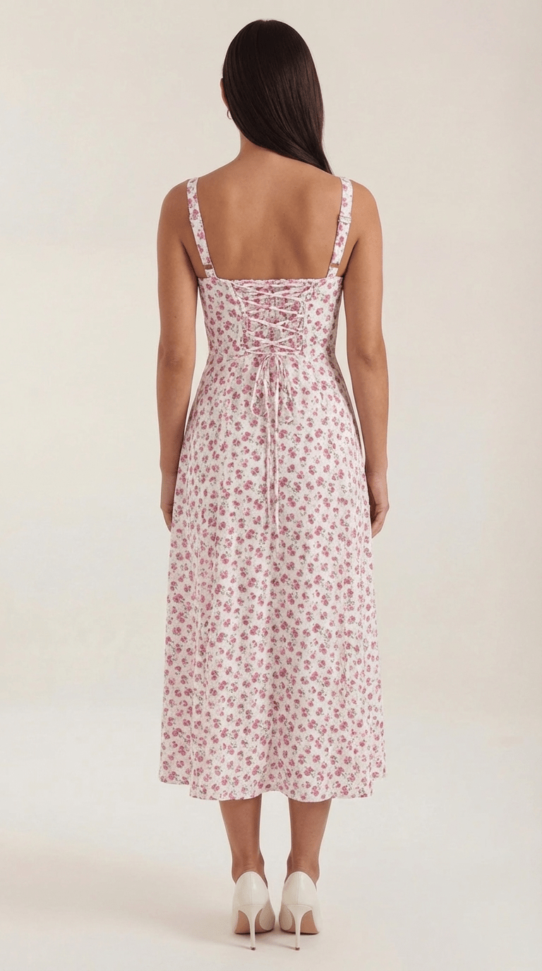 Midi Sundress Women A - Line Fit Sweetheart Neck Lace - Up - Evergreen Outfits - Women Midi Dress