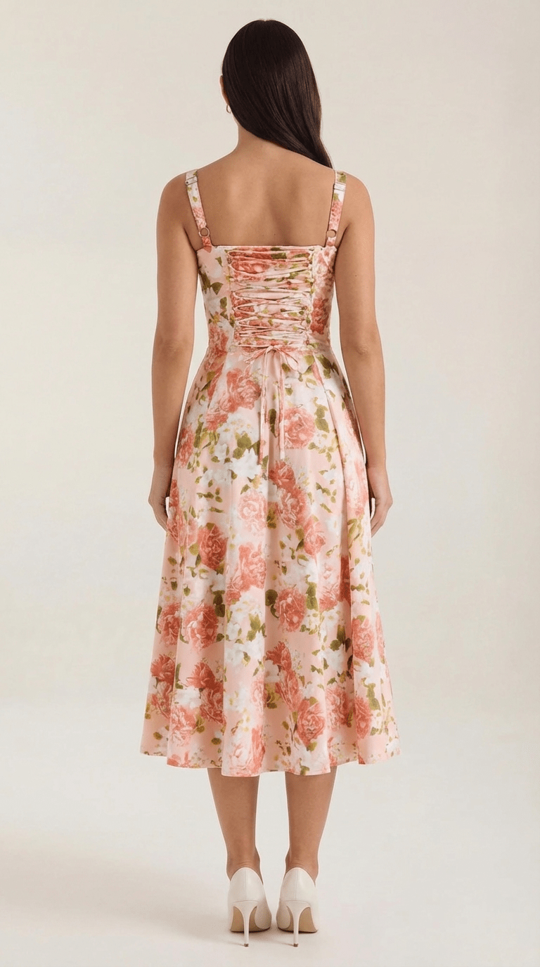 Midi Sundress Women A - Line Fit Sweetheart Neck Lace - Up - Evergreen Outfits - Women Midi Dress