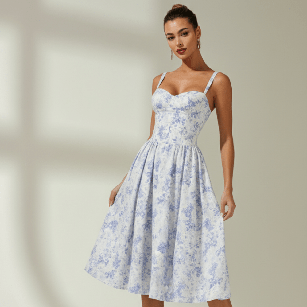 Midi Sundress Women Sweetheart Neckline Lace Up Front - Evergreen Outfits - Women Midi Dress