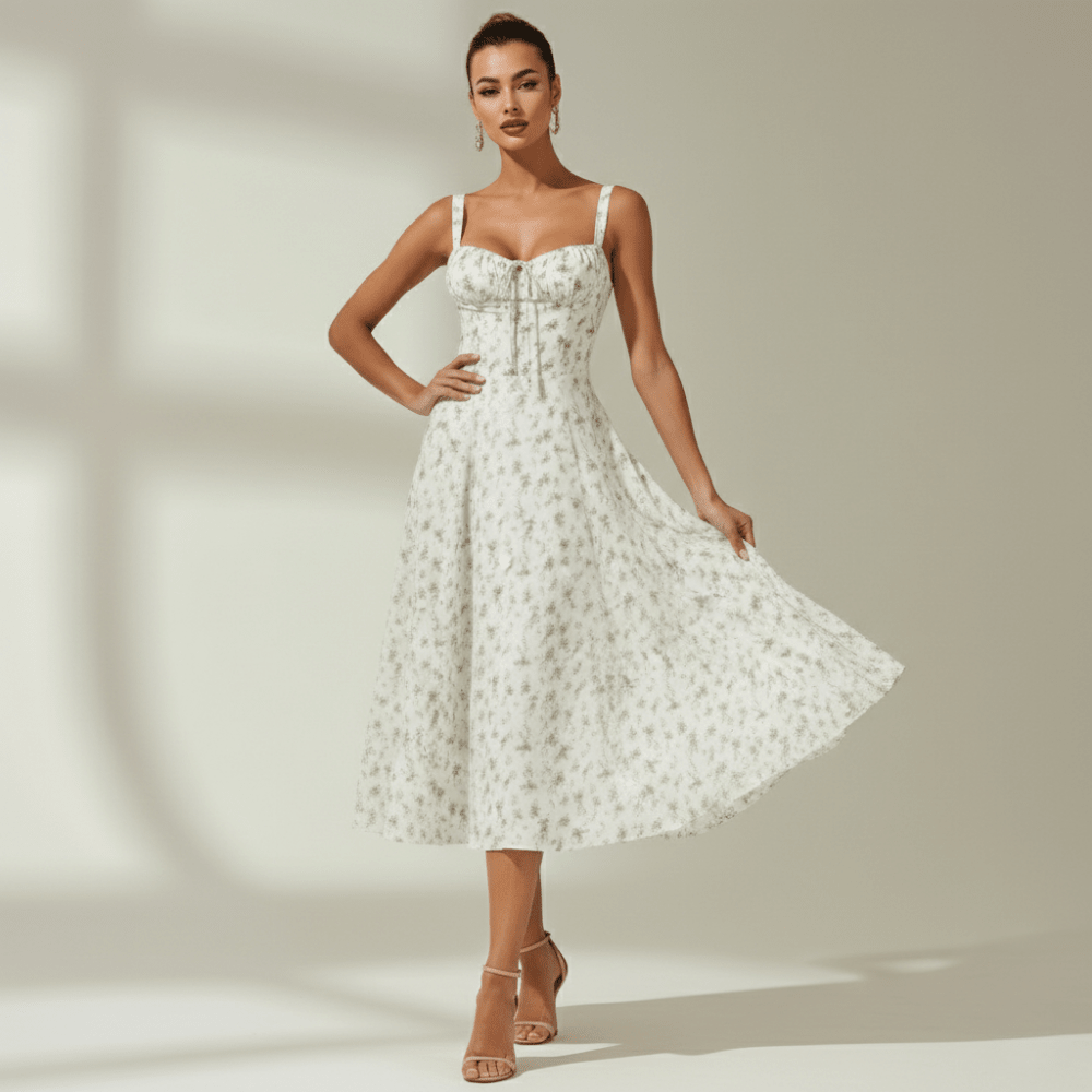 Midi Sundress Women Sweetheart Neckline Lace Up Front - Evergreen Outfits - Women Midi Dress