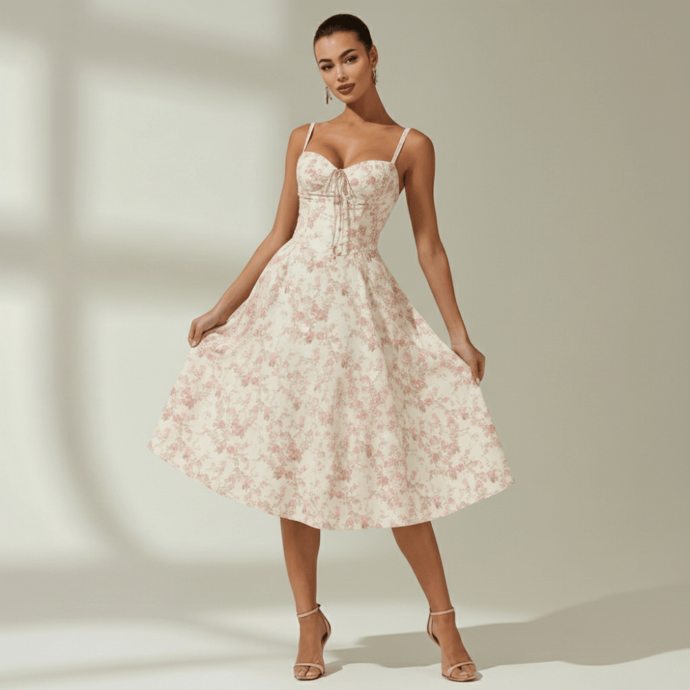 Midi Sundress Women Sweetheart Neckline Lace Up Front - Evergreen Outfits - Women Midi Dress
