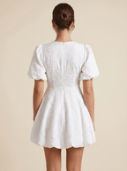 Mini Dress Women A Line V Neck Puff Sleeve Floral Design - Evergreen Outfits - Women Mini Dress
