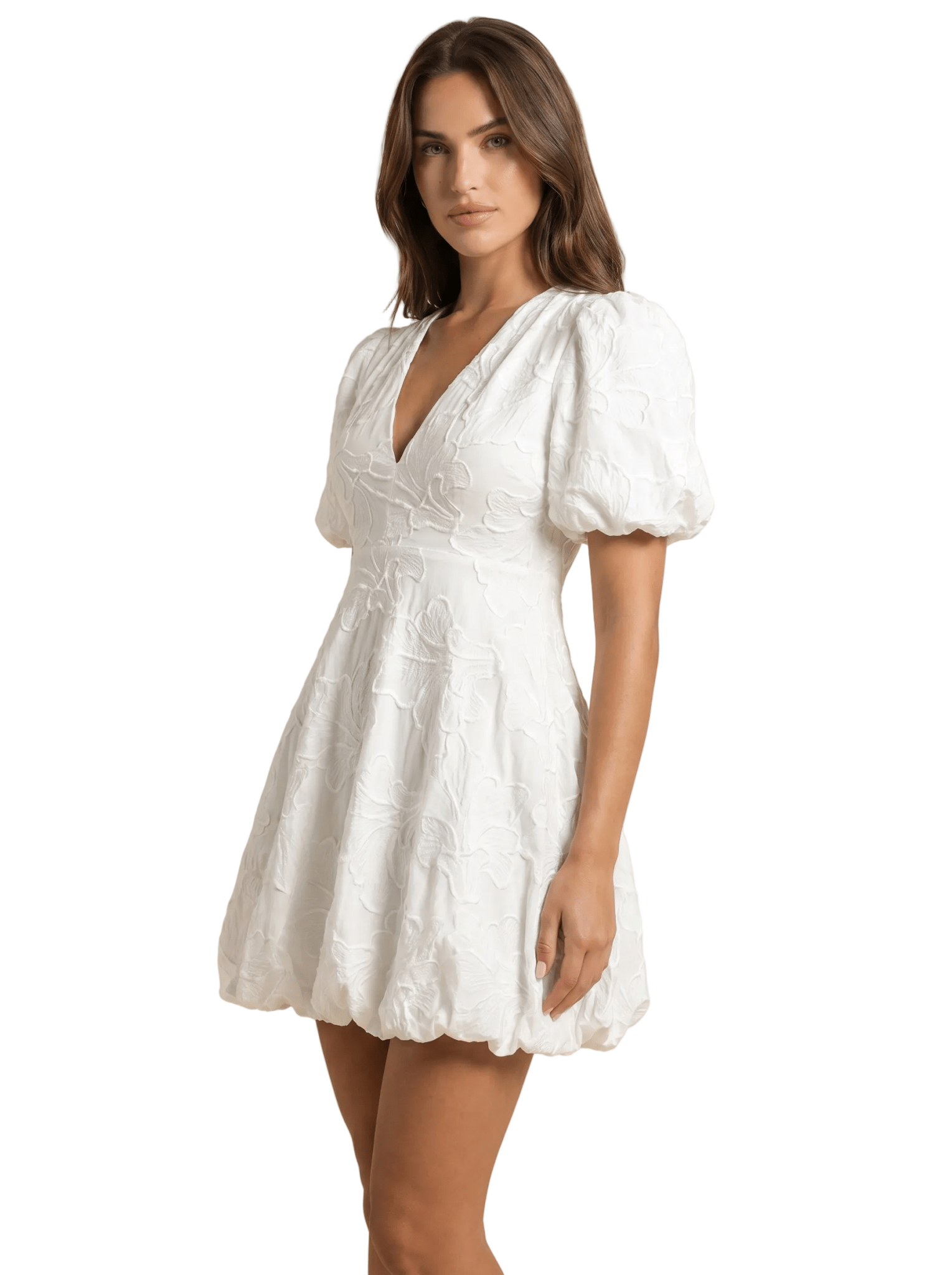Mini Dress Women A Line V Neck Puff Sleeve Floral Design - Evergreen Outfits - Women Mini Dress