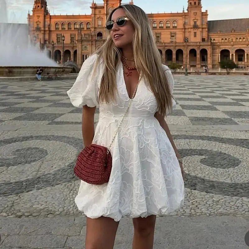 Mini Dress Women A Line V Neck Puff Sleeve Floral Design - Evergreen Outfits - Women Mini Dress