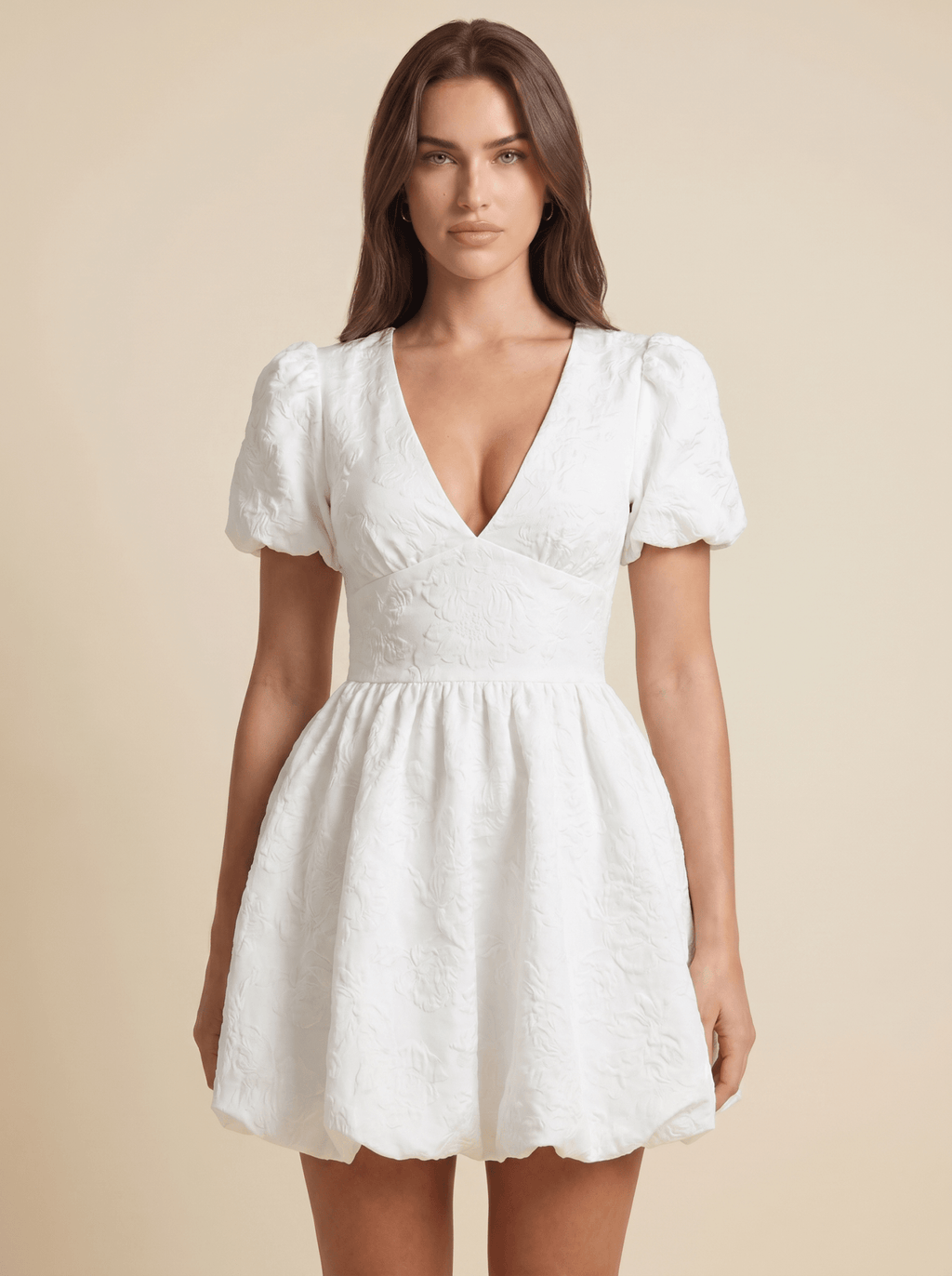 Mini Dress Women A Line V Neck Puff Sleeve Floral Design - Evergreen Outfits - Women Mini Dress