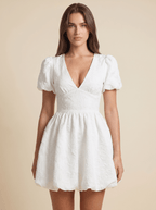Mini Dress Women A Line V Neck Puff Sleeve Floral Design - Evergreen Outfits - Women Mini Dress