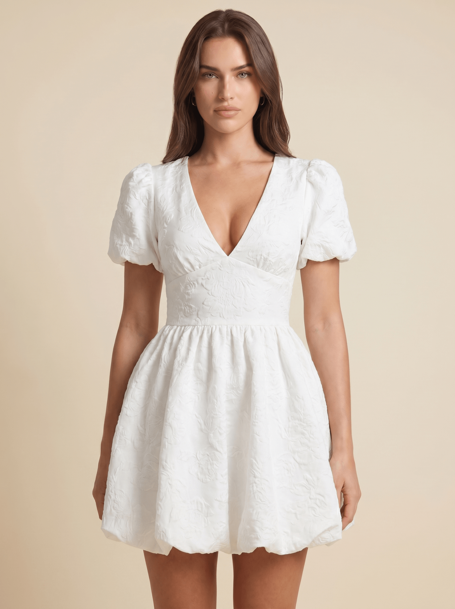 Mini Dress Women A Line V Neck Puff Sleeve Floral Design - Evergreen Outfits - Women Mini Dress