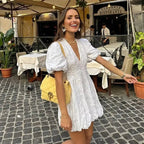 Mini Dress Women A Line V Neck Puff Sleeve Floral Design - Evergreen Outfits - Women Mini Dress