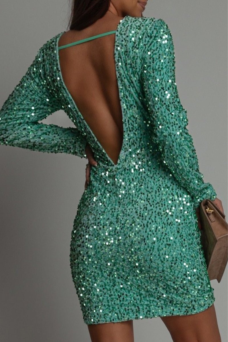 Mini Dress Women Backless Glitter Design Short Length - Evergreen Outfits - Women Mini Dress