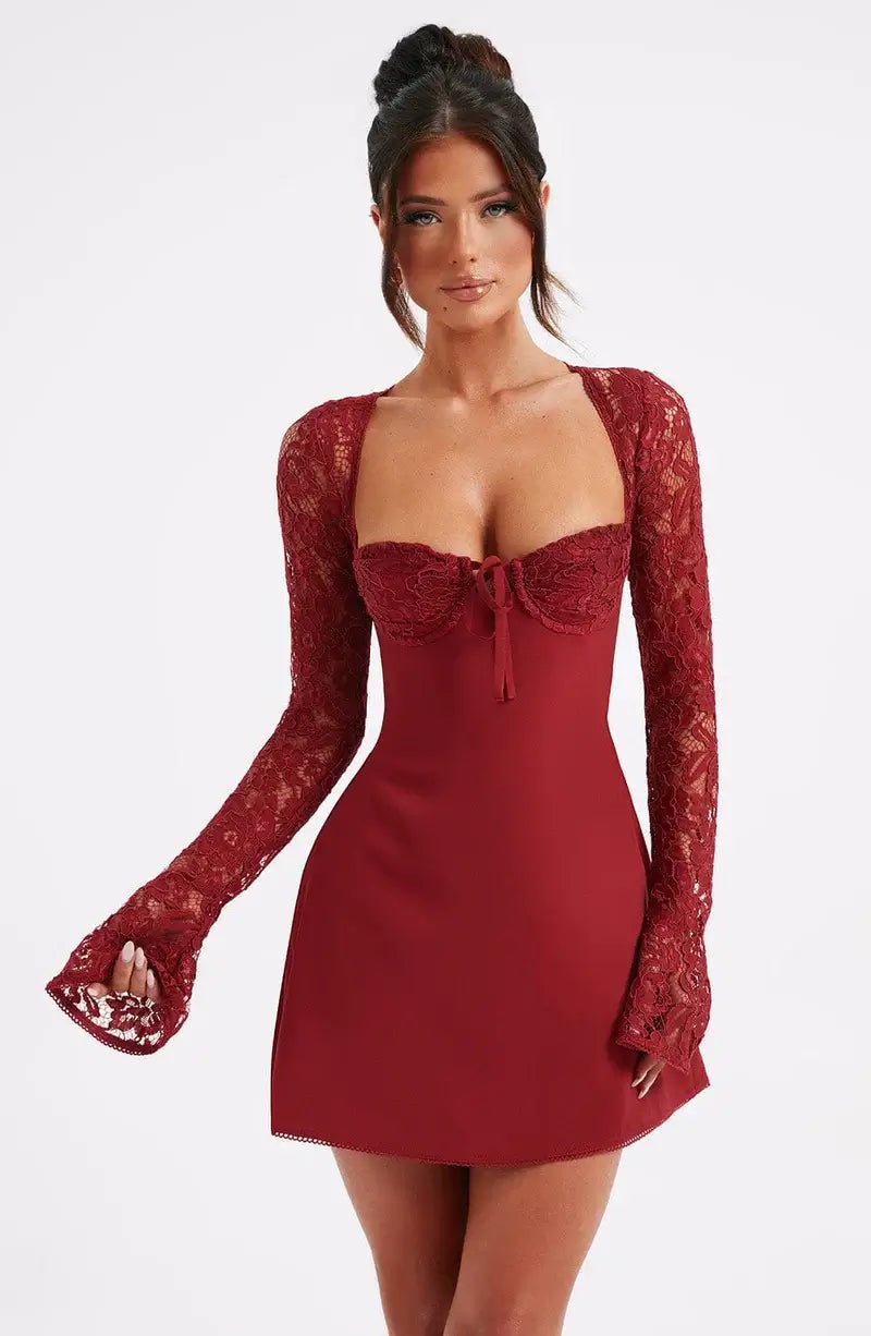 Mini Dress Women Bodycon Lace Sleeve Square Neck Fitted - Evergreen Outfits- Women Mini Dress