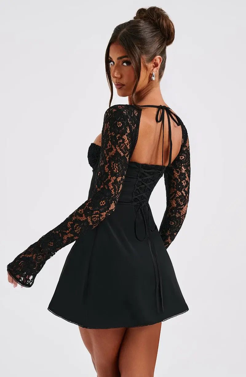 Mini Dress Women Bodycon Lace Sleeve Square Neck Fitted - Evergreen Outfits- Women Mini Dress
