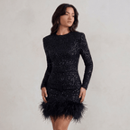 Mini Dress Women Fitted Mini Length Feathered Detail - Evergreen Outfits - Women Mini Dress