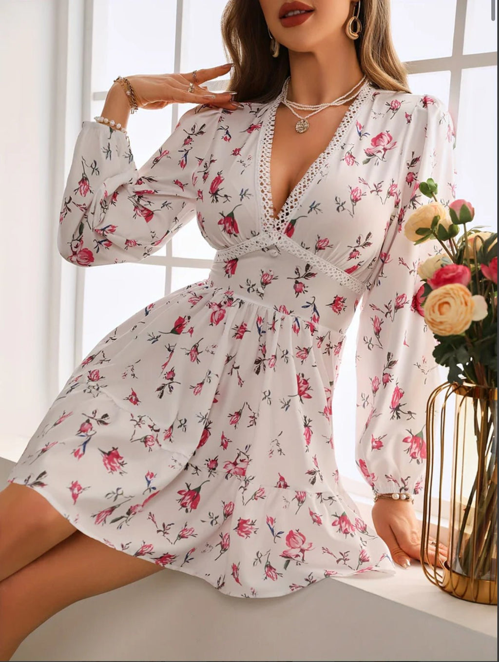 Mini Dress Women Floral Print V-Neck Ruffle Long Sleeve - Evergreen Outfits- Women Mini Dress
