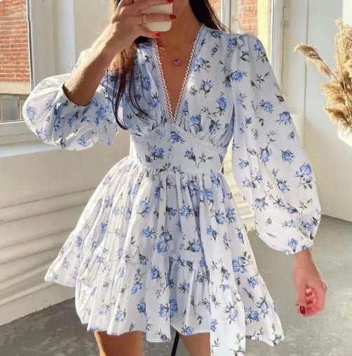 Mini Dress Women Floral Print V-Neck Ruffle Long Sleeve - Evergreen Outfits- Women Mini Dress