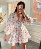 Mini Dress Women Floral Print V-Neck Ruffle Long Sleeve - Evergreen Outfits- Women Mini Dress