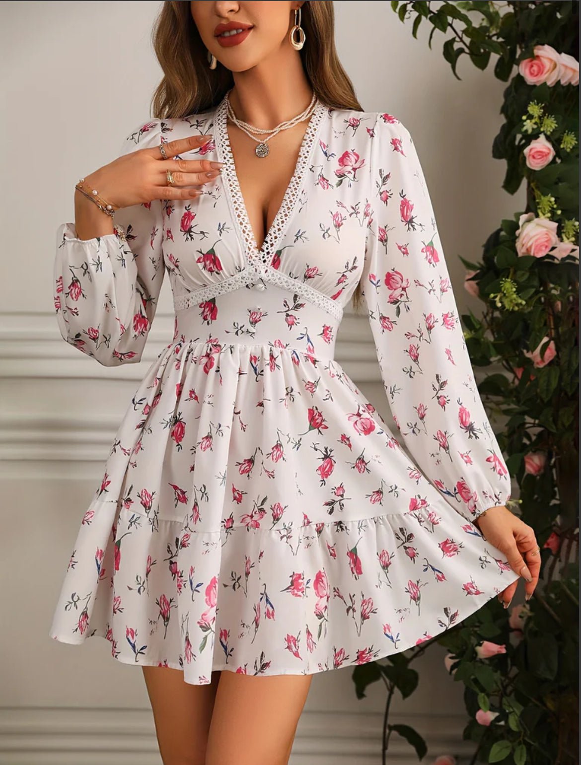 Mini Dress Women Floral Print V-Neck Ruffle Long Sleeve - Evergreen Outfits- Women Mini Dress