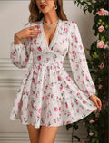 Mini Dress Women Floral Print V-Neck Ruffle Long Sleeve - Evergreen Outfits- Women Mini Dress