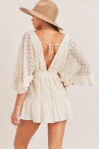 Mini Dress Women Lace Bell Sleeve Button Front Back Tie - Evergreen Outfits- Women Mini Dress