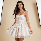 Mini Dress Women Lace Tie Waist Corset Bodice Design - Evergreen Outfits - Women Mini Dress