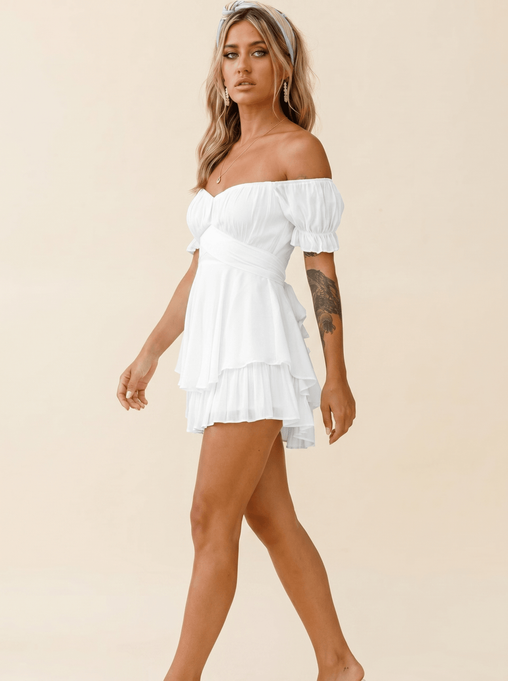 Mini Dress Women Off Shoulder Short Sleeve Ruffled Skirt - Evergreen Outfits - Women Mini Dress