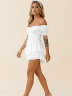 Mini Dress Women Off Shoulder Short Sleeve Ruffled Skirt - Evergreen Outfits - Women Mini Dress