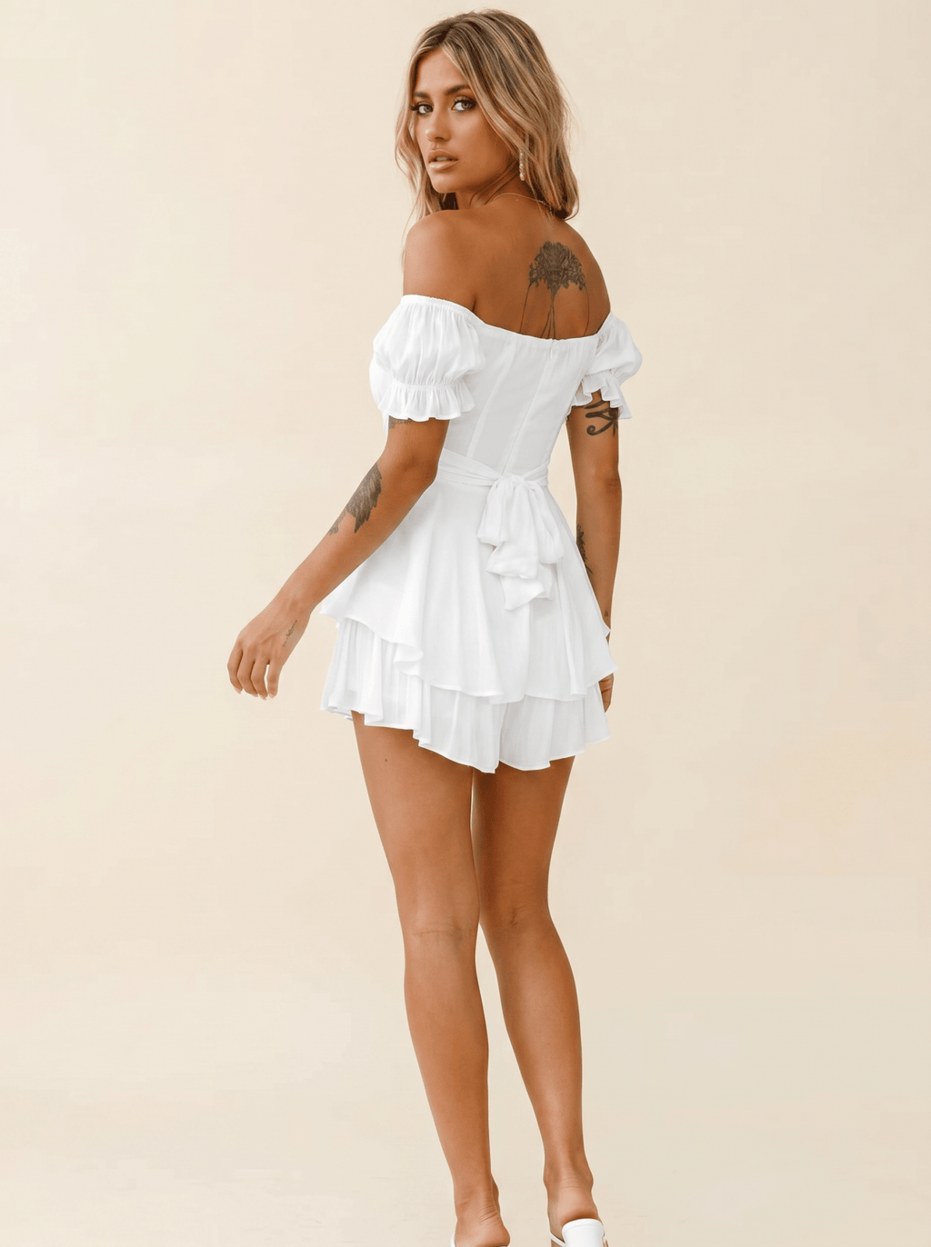 Mini Dress Women Off Shoulder Short Sleeve Ruffled Skirt - Evergreen Outfits - Women Mini Dress