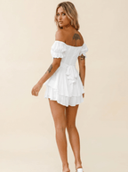 Mini Dress Women Off Shoulder Short Sleeve Ruffled Skirt - Evergreen Outfits - Women Mini Dress