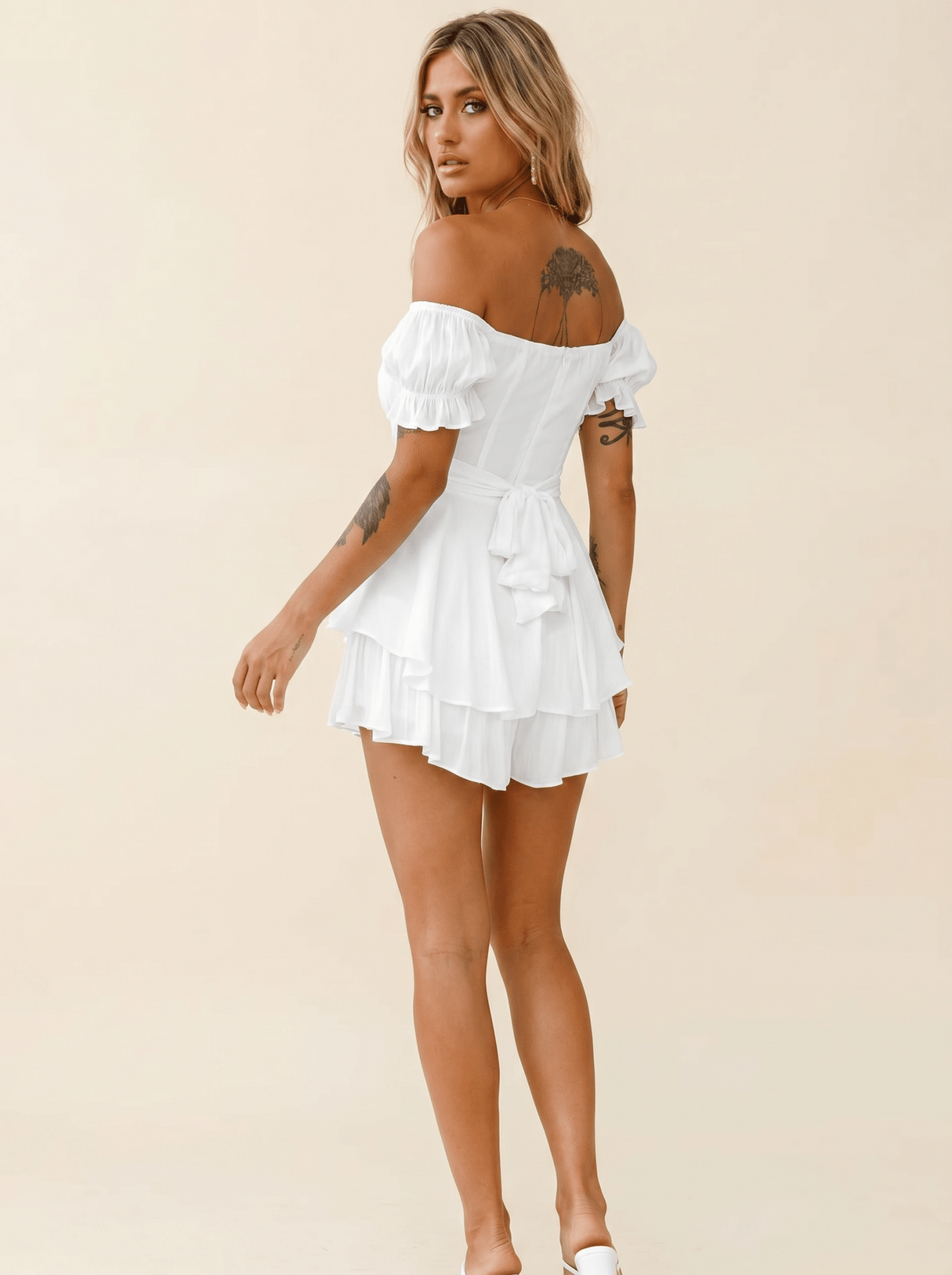 Mini Dress Women Off Shoulder Short Sleeve Ruffled Skirt - Evergreen Outfits - Women Mini Dress