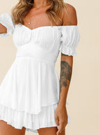 Mini Dress Women Off Shoulder Short Sleeve Ruffled Skirt - Evergreen Outfits - Women Mini Dress