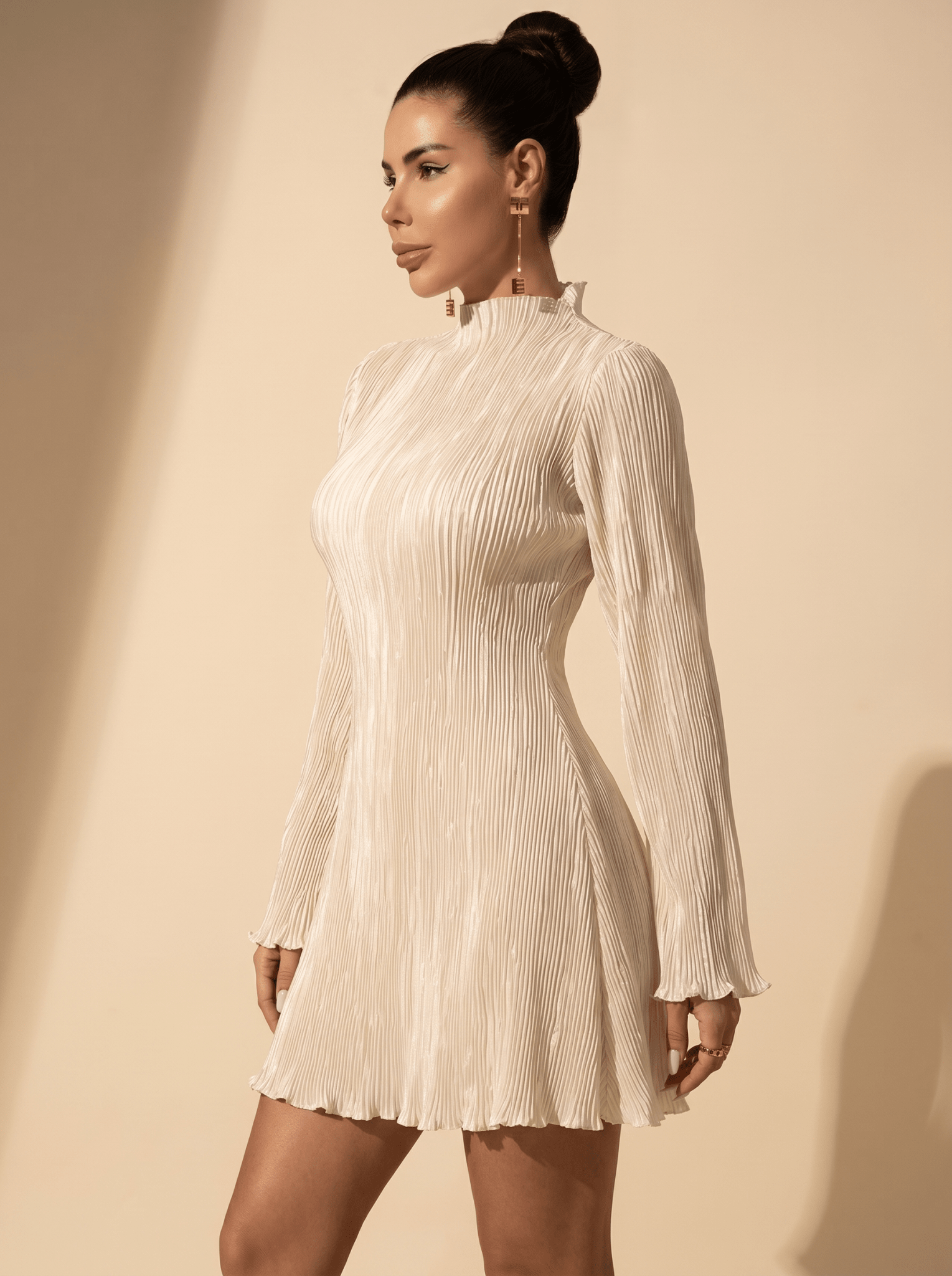 Mini Dress Women Pleated Flare Long Sleeve High Neck - Evergreen Outfits- Women Mini Dress