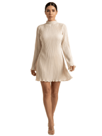 Mini Dress Women Pleated Flare Long Sleeve High Neck - Evergreen Outfits- Women Mini Dress