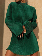 Mini Dress Women Pleated Flare Long Sleeve High Neck - Evergreen Outfits- Women Mini Dress