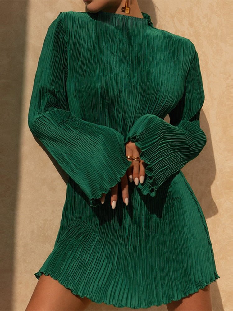 Mini Dress Women Pleated Flare Long Sleeve High Neck - Evergreen Outfits- Women Mini Dress