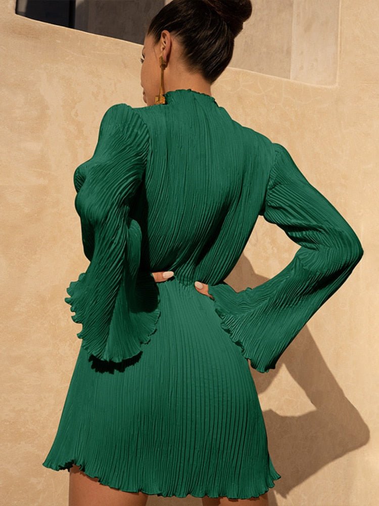 Mini Dress Women Pleated Flare Long Sleeve High Neck - Evergreen Outfits- Women Mini Dress