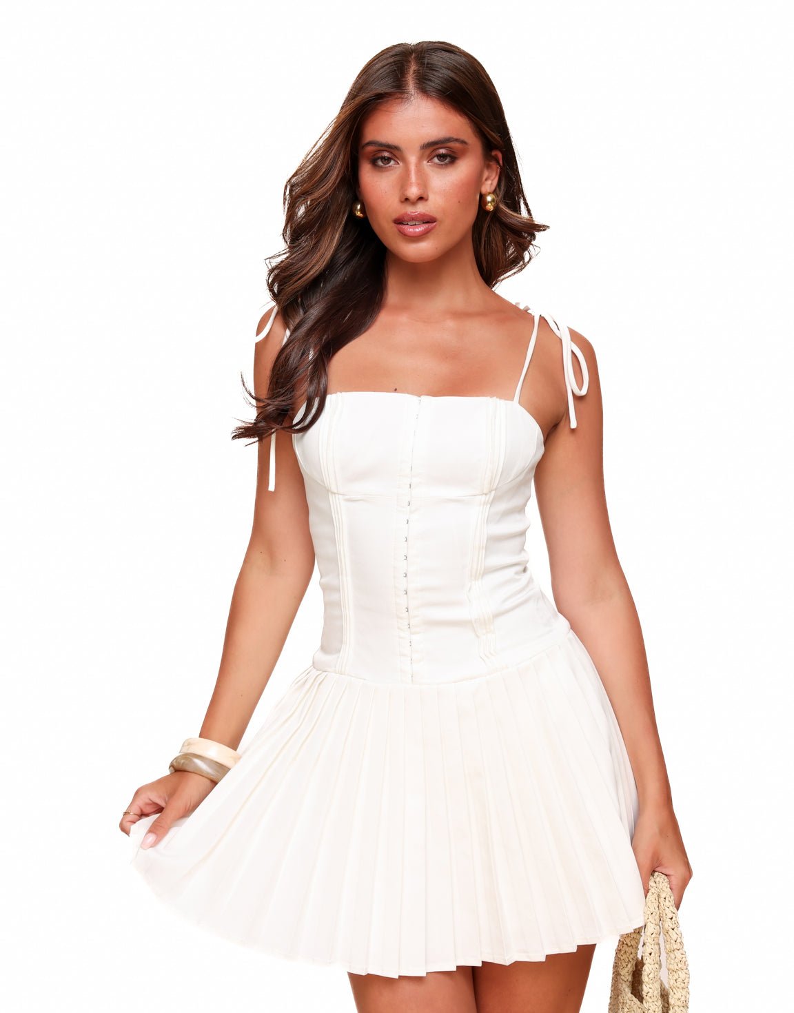 Mini Dress Women Pleated Skirt Sleeveless Tie Strap - Evergreen Outfits - Women Mini Dress