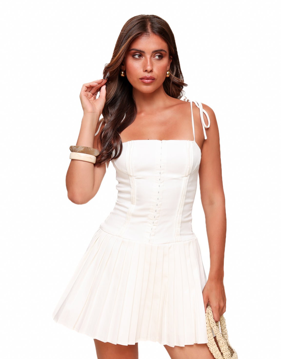 Mini Dress Women Pleated Skirt Sleeveless Tie Strap - Evergreen Outfits - Women Mini Dress